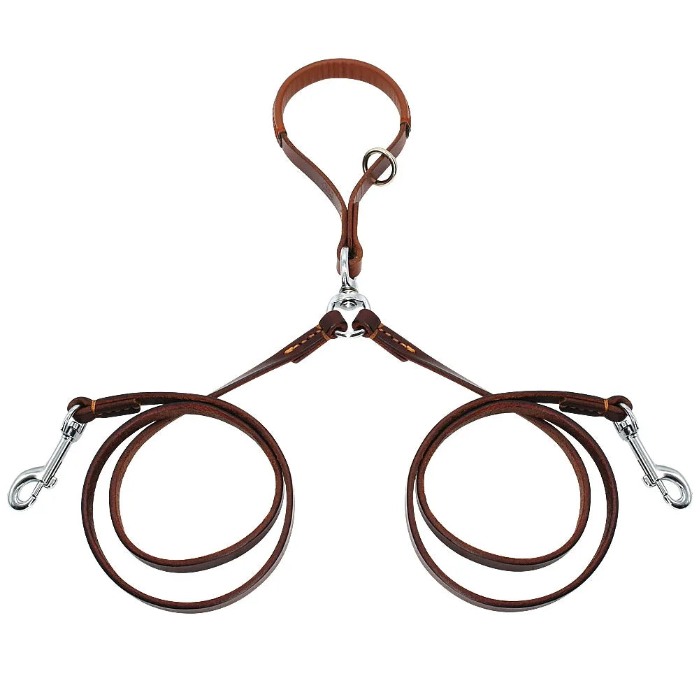 Kuzim™ Genuine Leather Double Dog Leash – 360° Tangle-Free Heavy Duty Dual Walker