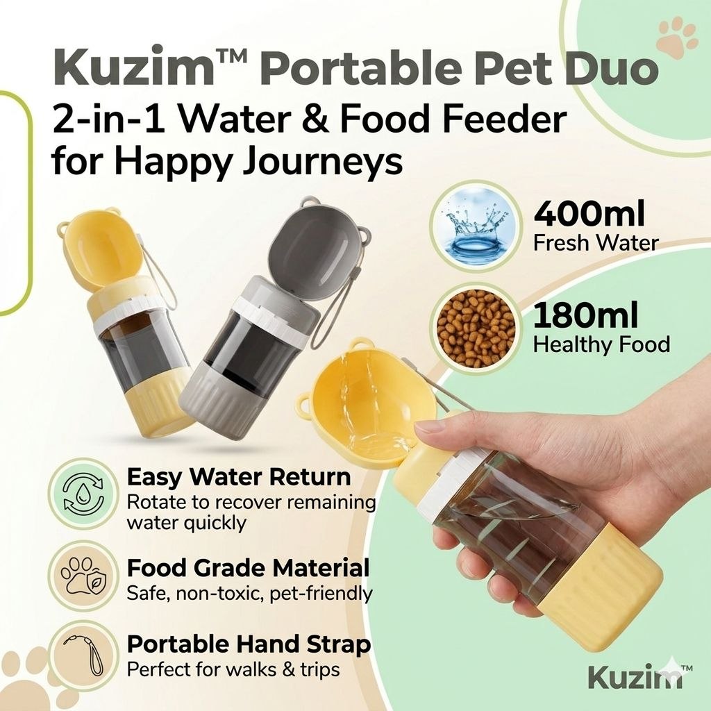 Kuzim™ 2-in-1 Portable Dog Water Bottle & Food Feeder – Leak-Proof Travel Solution