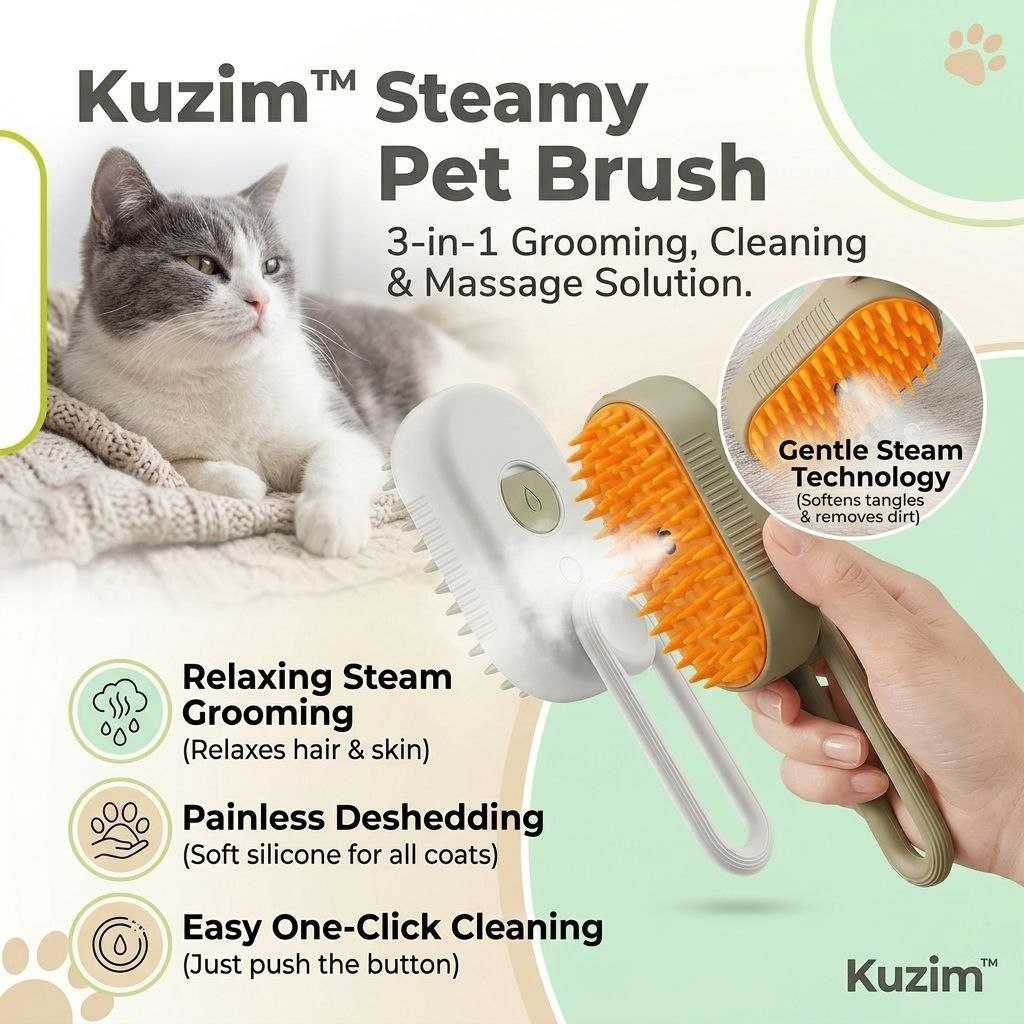 Kuzim™ 3-in-1 Pet Steam Brush – Professional Nano-Mist Deshedding & Massage Tool