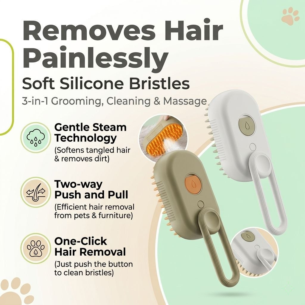 Kuzim™ 3-in-1 Pet Steam Brush – Professional Nano-Mist Deshedding & Massage Tool