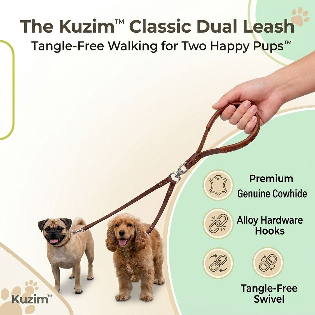 Kuzim™ Genuine Leather Double Dog Leash – 360° Tangle-Free Heavy Duty Dual Walker
