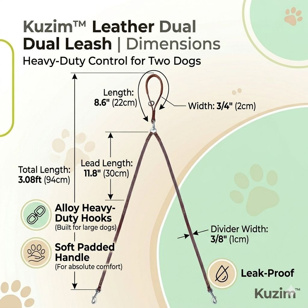Kuzim™ Genuine Leather Double Dog Leash – 360° Tangle-Free Heavy Duty Dual Walker