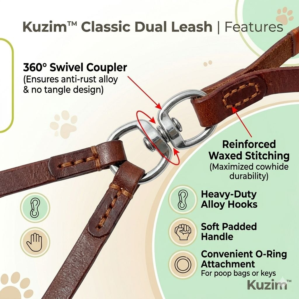 Kuzim™ Genuine Leather Double Dog Leash – 360° Tangle-Free Heavy Duty Dual Walker
